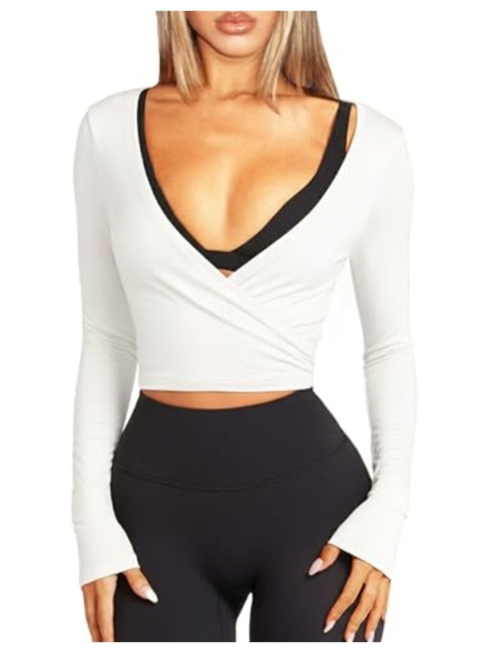 Women's Cotton Blend Wrap Crop Top Long Sleeve V-Neck Ballet Workout Top